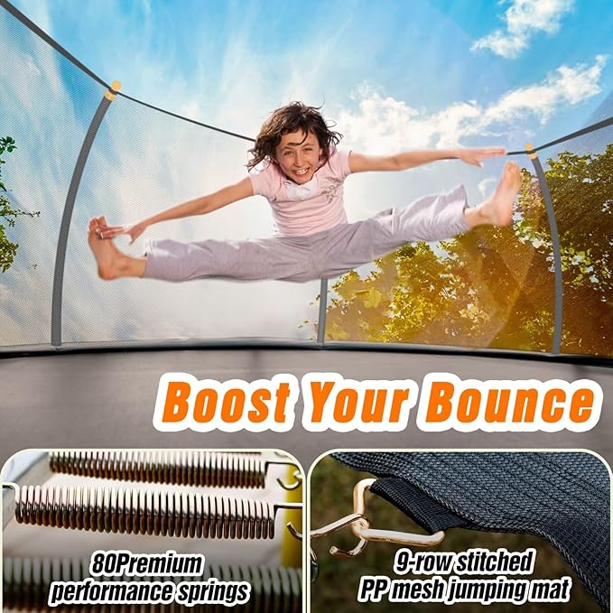 14FT Pumpkin Trampoline with Basketball Hoop, Balance Bar and Enclosure Net, Outdoor Trampoline for Kids and Adults, Capacity 880 lbs