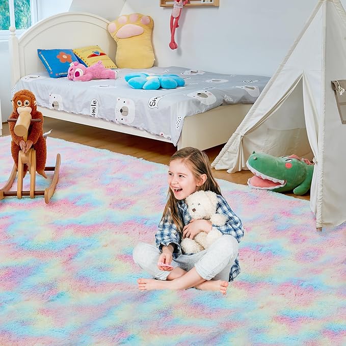 Ultra Soft Rug for Living Room, 3X5 Fluffy Shag Area Rug for Bedroom, Modern Shaggy Carpets Fuzzy Rug for Teens Dorm Nursery Home Decor Aesthetic, Upgrade Anti-Skid Durable, Rainbow