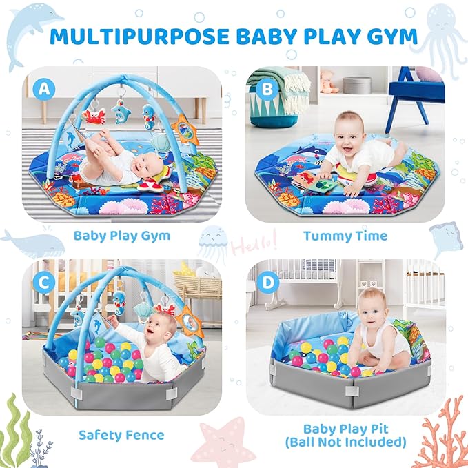 Baby Gym Play Mat, 8-in-1 Ocean Theme Tummy Time Mat & Ball Pit, Washable Baby Activity Play Mat for Visual, Hearing, Sensory, Motor Development, Baby Toys Gift for Toddler Infant 0-3-6-9-12-18 Months