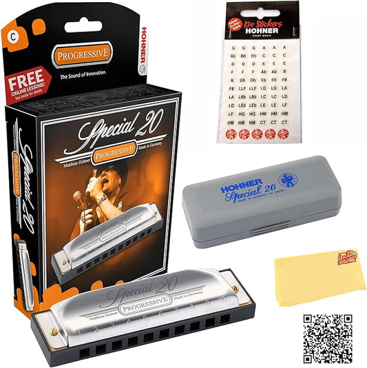 Hohner 560 Special 20 Harmonica - Key of F Bundle with Carrying Case, Key Stickers, Harmonica Beginner Online Manual, and Austin Bazaar Polishing Cloth