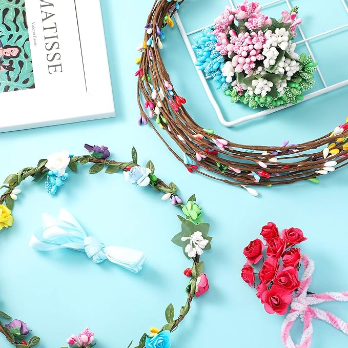 Syhood 20 Sets Flower Crowns Making Kit, Make Your Own Flower Crown Wreath Headbands and Bracelets Craft Kit Hair Accessories Handmade DIY Floral Garland Presents for Girls