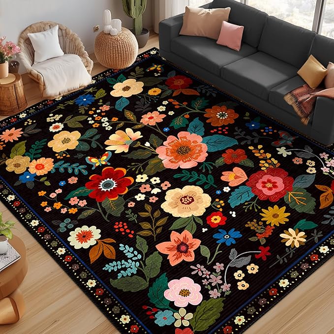Floral 6x9 Area Rug Machine Washable Soft Print Boho Carpet Non Slip Doormat Low Pile Flower Area Rugs for Living Room Bedroom Nursery Kitchen Dining Room Indoor-Black