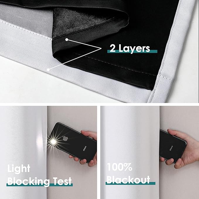 ChrisDowa 100% Blackout Curtains 80 inch Long for Bedroom with Black Liner, 2 Thick Layers Total Blackout Thermal Insulated Grommet Window Curtains 2 Panels Set (Greyish White, 52 x 80 Inch)