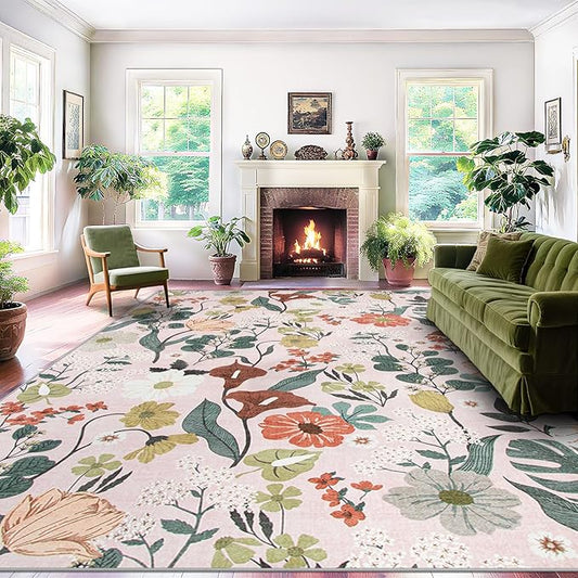 9x12 Area Rug for Living Room: Vintage Floral Washable Rug Soft Boho Non Slip Carpet Large Indoor Floor Non Shedding Low Pile Thin Carpets for Bedroom Dining Room Farmhouse Nursery Home Light Pink