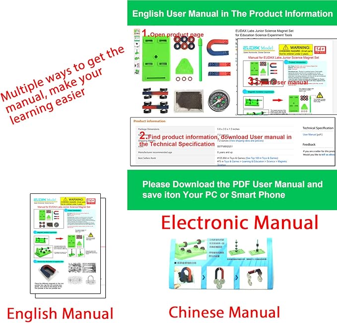 EUDAX Labs Junior Science Magnet Set for Education Science Experiment Tools Icluding Bar/Ring/Horseshoe/Compass Magnets