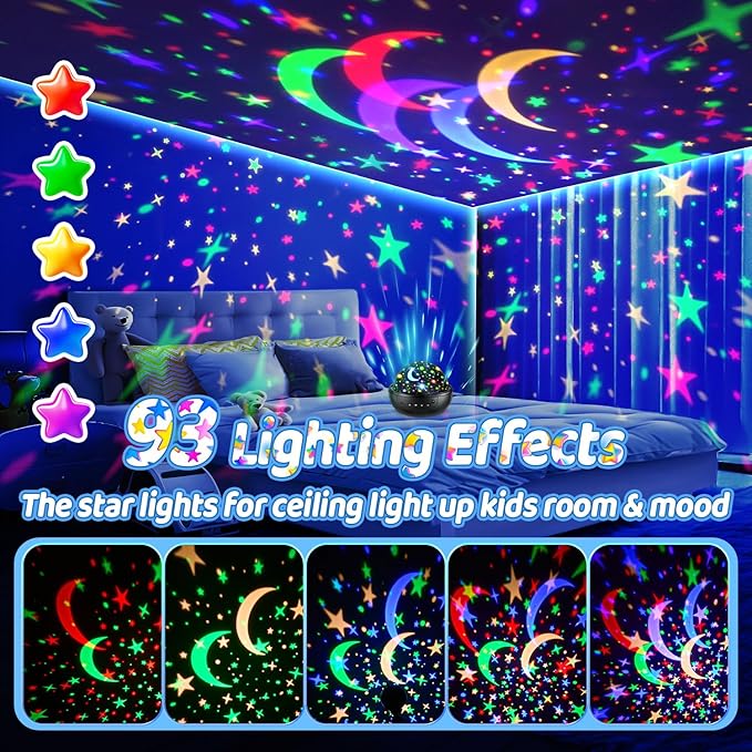 COOLNIGHT Night Light for Kids, 93 Lighting+3 Films Kids Night Light Projector, Remote+Dimmable Star Projector, 360°Slient Glow in The Dark Stars for Ceiling, Gift for 3-8