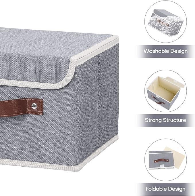 ANMINY Storage Bin with Lid Storage Boxes with PU Leather Handles PP Plastic Board Decorative Foldable Lidded Cotton Linen Fabric Home Cubes Baskets Closet Organizer Container - Gray, Small Size