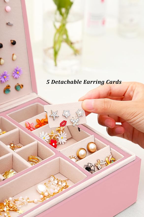 Girls Jewelry Box Earring Holder Organizer for Girls Earring Organizer Teen Jewelry Box Organizer for Girls Pink jewelry Boxes for Earrings Necklaces Rings Stud Earrings Box Organizers Teens