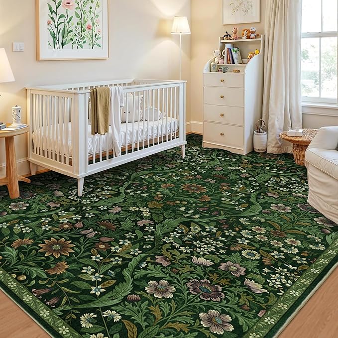 5×7 Dark Green Washable Floral Area Rug,Vintage Boho Soft Low-Pile Living Room Rugs, Stain Resistant Botanical Non-Slip Carpet for Bedroom,Dining Room, Kids Nursery,Home Decor