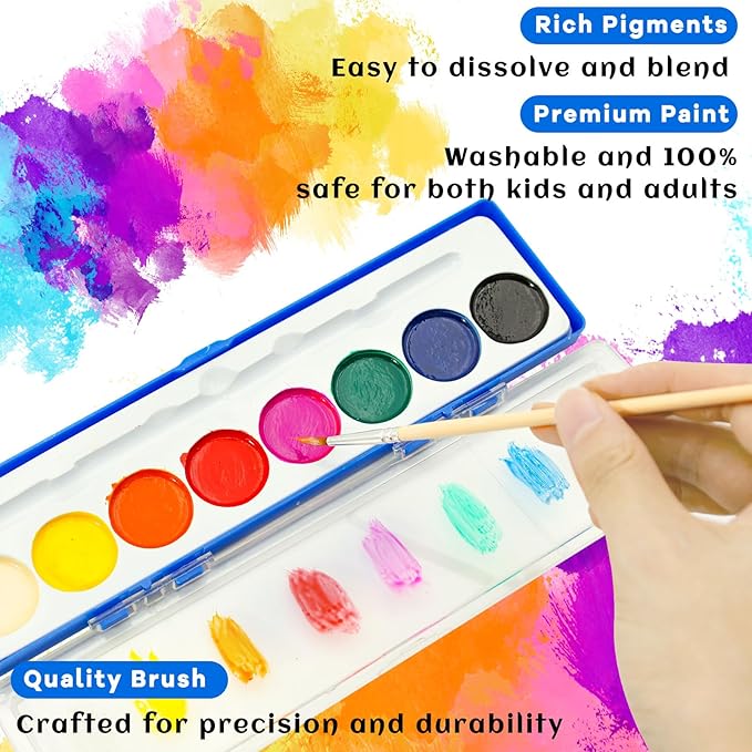 36 Pack Watercolor Paint Set for Kids - 8 Washable,Bright Colors with Paintbrush Watercolor Paint Bulk for Kids Party Favors,Classrooms Supplies,Art Lessons
