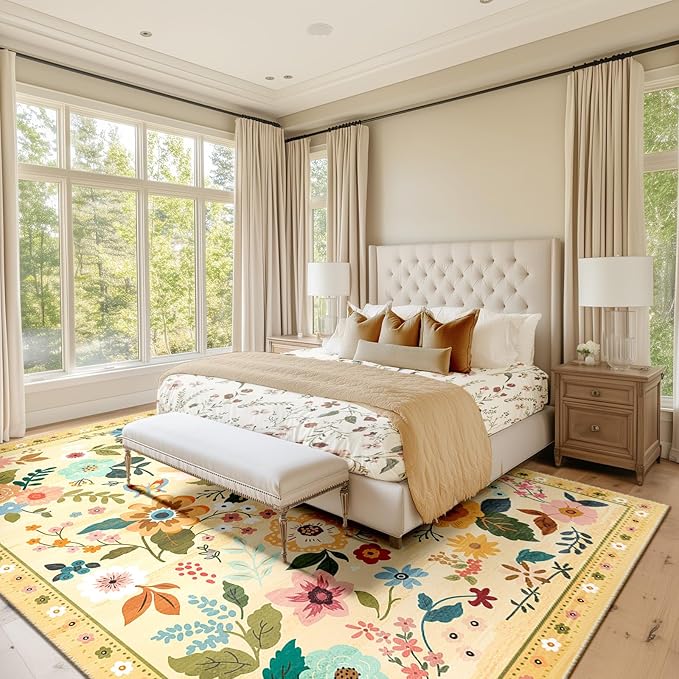 Floral 5x7 Area Rug Machine Washable Soft Print Boho Carpet Non Slip Doormat Low Pile Flower Area Rugs for Living Room Bedroom Nursery Kitchen Dining Room Indoor-Ivory/Yellow