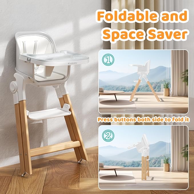 Ezebaby Folding Wooden High Chairs, 3-in-1 Convertible Baby High Chair, Dining Booster Seat, Toddler Chair, Easy Clean High Chairs for Babies and Toddlers with Large Adjustable Tray- Solid White