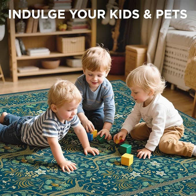 Joydeco Washable Area Rugs 5x7, Boho Floral Dining Room Rug Non Slip, Soft Low-Pile Botanical Forest Indoor Floor Throw Carpet for Living Home Office Playroom Foyer, Dark Blue