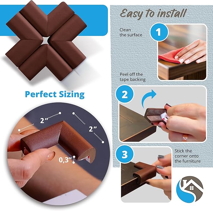 12-Pack Corner Protectors Baby Proof, Furniture Corner and Edge Safety Bumpers, Soft Rubber Foam Cushion Covers, 3M Taped Corner Guards, Baby Child Proofing Pads, Table Corner Protectors, Brown