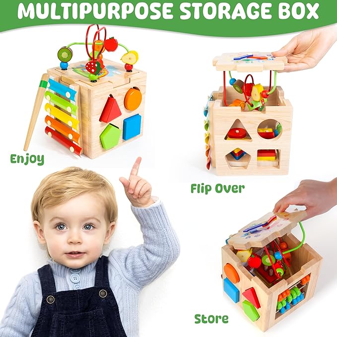 8-in-1 Wooden Baby Activity Cube - Xylophone, Shape Sorter, Abacus| 1st Birthday Gift Toys for One 1 2 3 Year Old Boy Girl | Montessori Educational Learning Toddler Toy| Bonus Sorting & Stacking Board