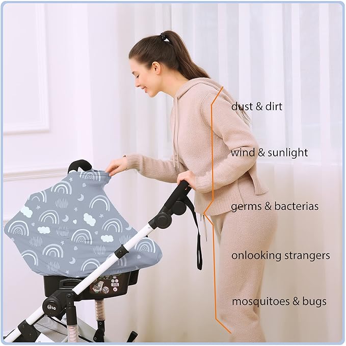 Car Seat Covers for Babies - Multi- use Nursing Carseat Canopy, Breastfeeding Covers, Baby Shower Gifts for Boys and Girls (Grey Rainbow)
