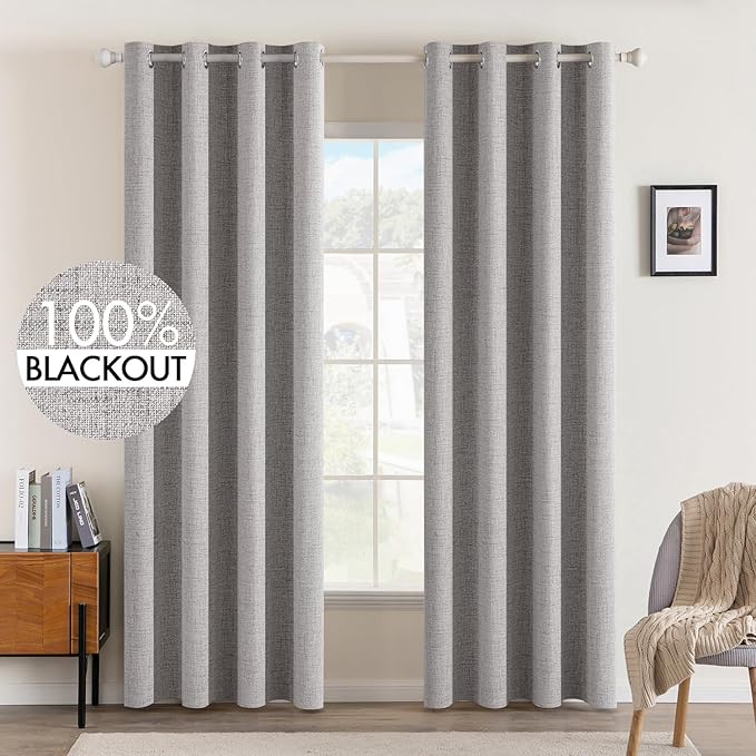 MIULEE Linen Texture Curtains for Bedroom Solid 100% Blackout Thermal Insulated Greyish White Curtains Grommet Room Darkening Drapes for Living Room Nursery 52x96 Inch (2 Panels)