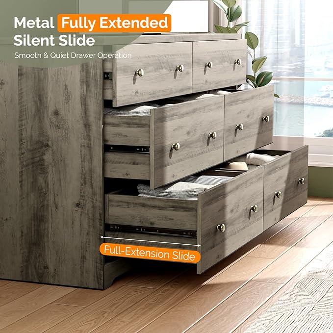 VINGLI 59" Long Dresser 6 Drawer, Grey Large Dresser for Bedroom, Rustic Gray Chest of Drawers, Farmhouse, 59" W x 15.75" D x 32" H