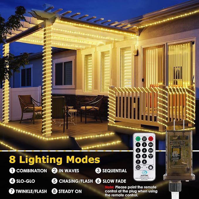 Connectable Outdoor Rope Lights, 50ft 600 LED Warm White Strip Light Plug in for Indoor with Waterproof 8 Modes, Outdoor String Lights for Camping, Garden, Backyard, Patio, Deck, Pool, Tree Décor