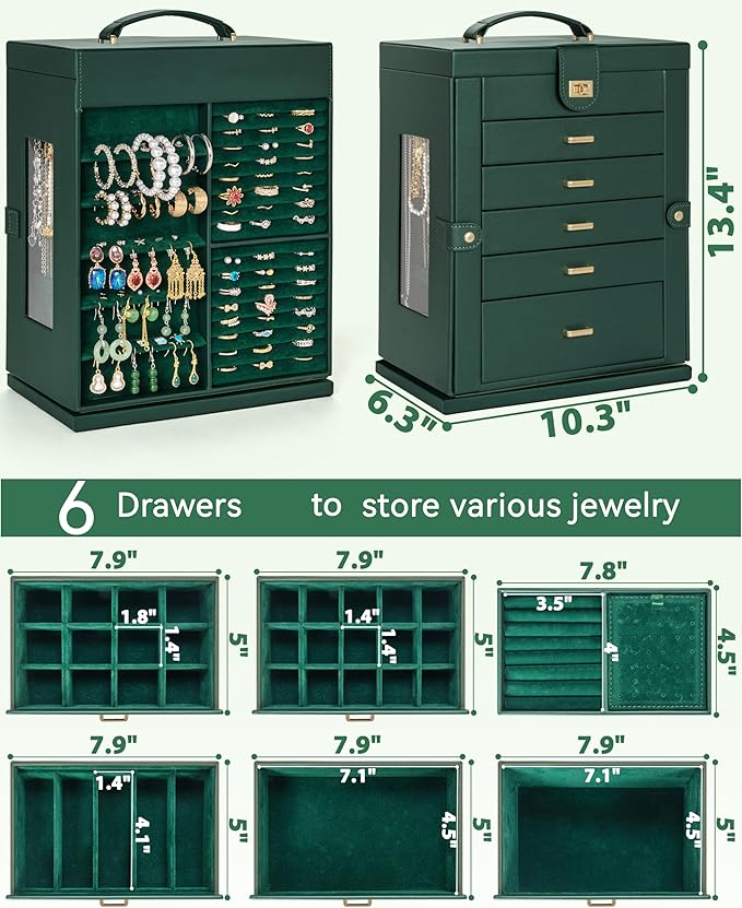 AKOZLIN 360° Rotating Jewelry Box 6-Tier Organizer Functional Jewelry Storage Case for Women Girls Ring Necklace Earring Bracelet Holder with Mirror