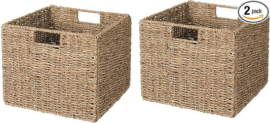 12x12x10in Seagrass Storage Baskets Set of 2, Large Wicker Storage Basket, Decorative Seagrass Shelf Basket, Pantry Baskets Organization,Folding Storage Cube Bins