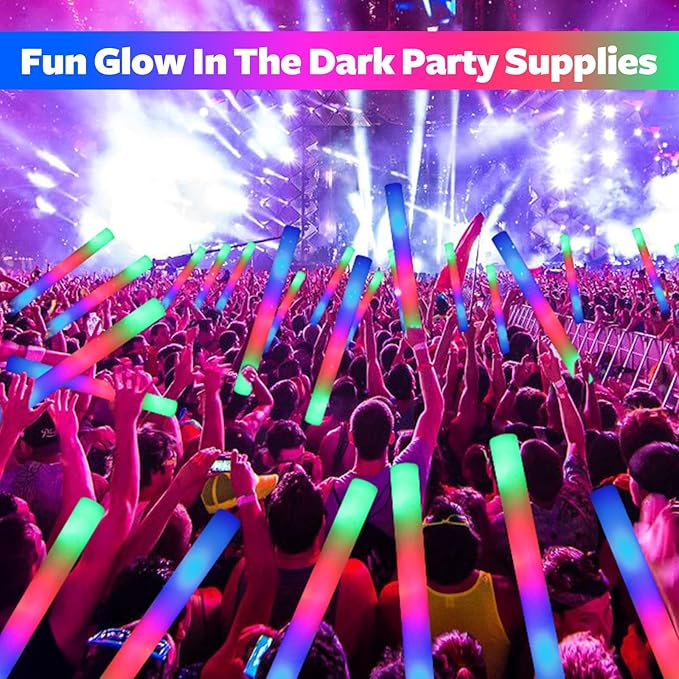 107 PCS LED Foam Glow Sticks Bulk, Glow in the Dark Party Supplies with 3 Modes Colorful Flashing, Neon Party Favors for Birthday, Wedding, Carnival, Concert, New Year