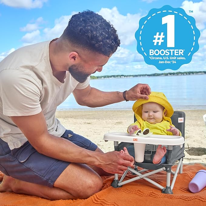 Bright Starts Pop 'N Sit Portable Booster, Indoor/Outdoor Use, Floor Seat with Feeding Tray, Grey, 6 Mos - 3 Yrs