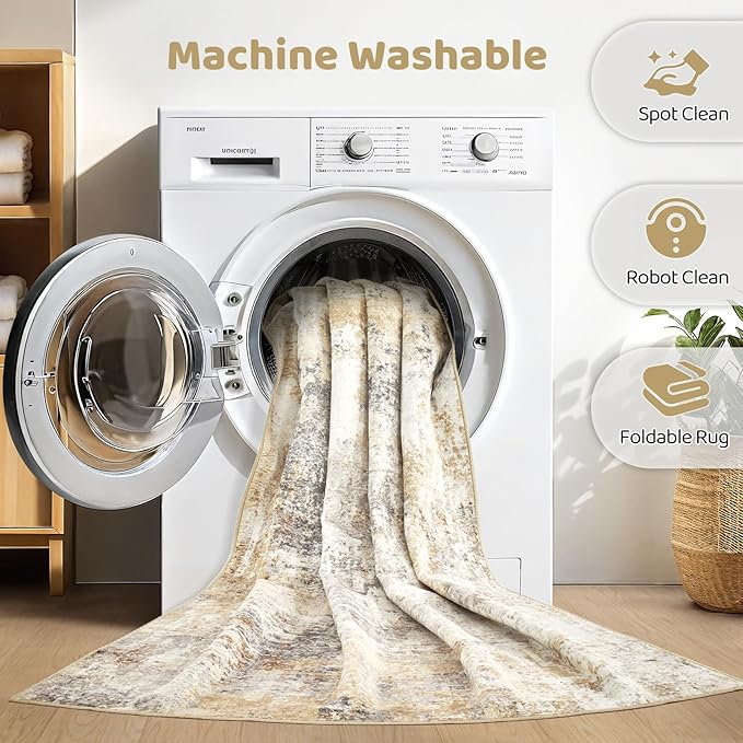 4x6 Rug Washable Area Rugs: Abstract Modern Soft Stain Resistant Indoor Floor Accent Non Slip Carpet for Living Room Entryway Kitchen Bedroom Nursery Office Bedside Home House Decor- Gray Gold