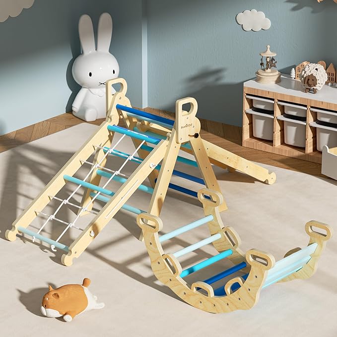 BlueWood 2025 8-in-1 Pikler Triangle Climbing Set Toddler Toys Indoor Baby Jungle Gym Climber Playground for Kids - Sky Blue