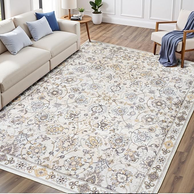 Washable Area Rug 5x7 for Living Room & Bedroom, Large Neutral Floral Rugs, Soft & Non Slip, Low Pile Wool Carpets for Indoor Under Table Dining Home Office Nursery Playroom, Beige