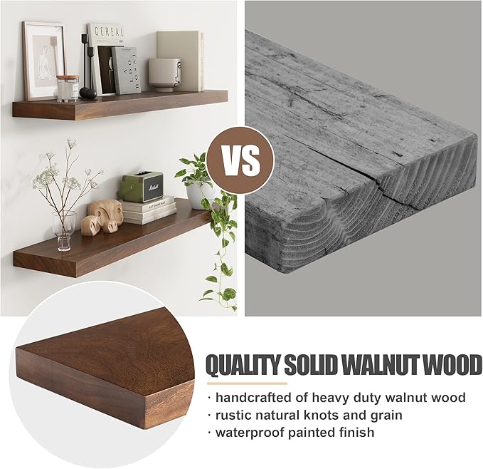 Floating Shelves for Wall, USA-Sourced Walnut Wood 36 Inch Long Wall Shelves Set of 2, Natural Wooden Wall Mounted Picture Ledge Shelf, Nursery Book Storage Shelf Kids Bookshelf, Display Shelf