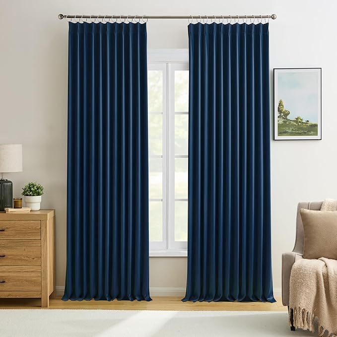 KEQIAOSUOCAI Navy Blackout Curtains 72 Wide x 105 inch Long 2 Panels - Thermal Insulated Room Divider Curtain for Bedroom/Patio, Width Pinch Pleated Window Panel with Hooks