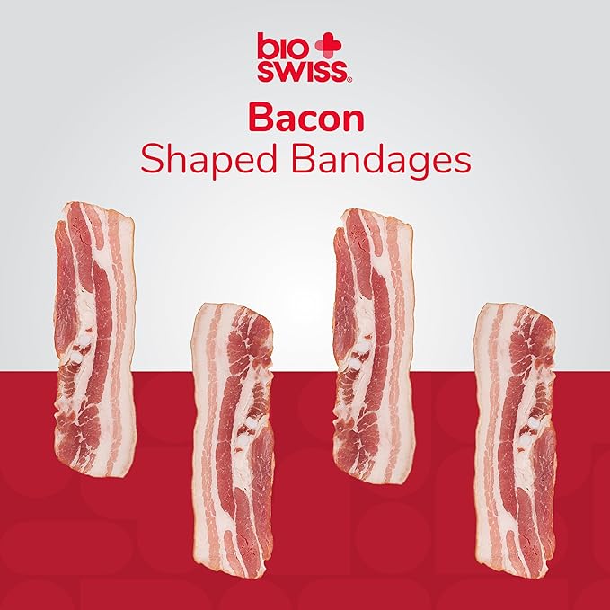 BioSwiss Bandages, Bacon Shaped Self Adhesive Bandage, Latex Free Sterile Wound Care, Fun First Aid Kit Supplies for Kids, 50 Count