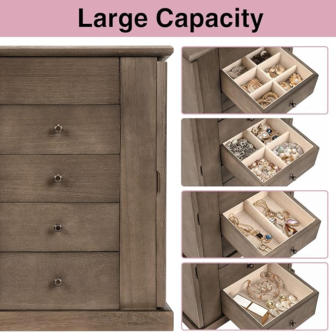 Jewelry Box for Women, 5 Layer Large Wood Jewelry Boxes & Organizers for Necklaces Earrings Rings Bracelets, Rustic Jewelry Organizer Box with Drawers and Mirror(Weathered Gray)