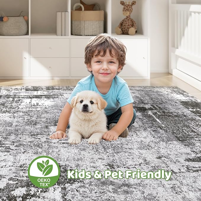 7x9 Area Rug Living Room: Machine Washable Large Abstract Modern Soft Rugs Stain Resistant Indoor Floor Non Slip Accent Carpet for Bedroom Nursery Playroom Office Dining Room Dorm Home- Black Grey