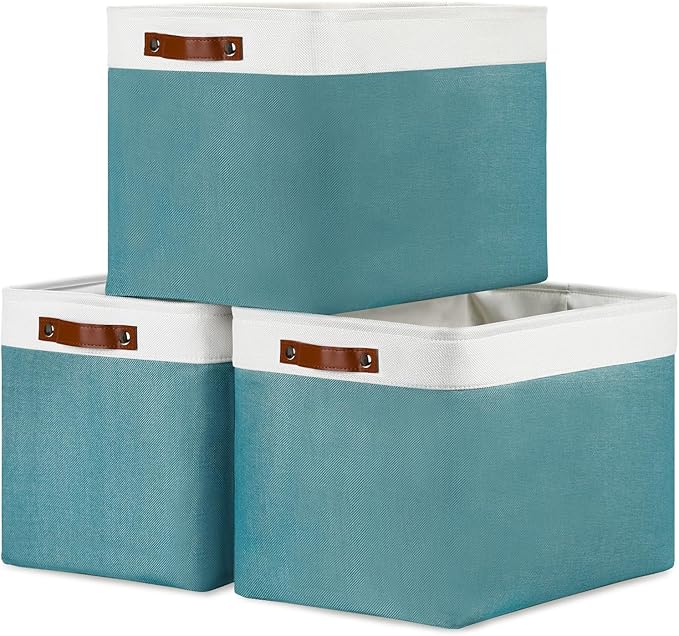 DULLEMELO Large Storage Basket, Collapsible Storage Bins Decorative Storage Baskets for Home Shelves Bedroom, Linen Fabric Basket with Leather Handles for Toys Books Organizing(White&Teal