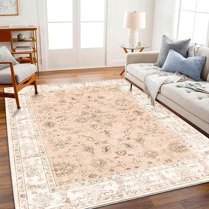 Area Rug 8x10 Washable Rug Tangerine Vintage Traditional Mat Distressed Indoor Foldable Thin Retro Accent Floral Print Rug Non Slip Carpet Living Room Dining Room Office