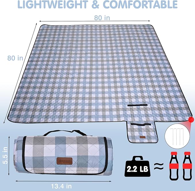 HX&OD Outdoor Picnic Blanket, Extra Large, 80''x80'' Waterproof Foldable Blankets Gingham Picnic Mat for Beach, Camping Grass Lawn Park Accessories Cute Couple Ideas Wedding (Coffee Color, 80”x80”)