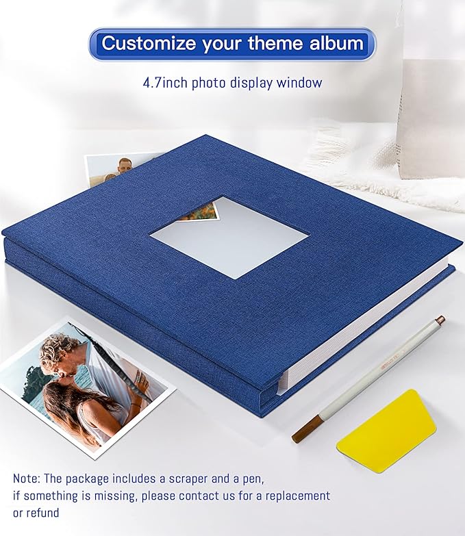popotop Photo Album Self Adhesive with Picture Display Window,40 Pages DIY Scrapbooking Supplies Kit for 4x6 10x12 Picture,Linen Cover Memory Book for Baby Wedding, with Scraper and Metallic Pen