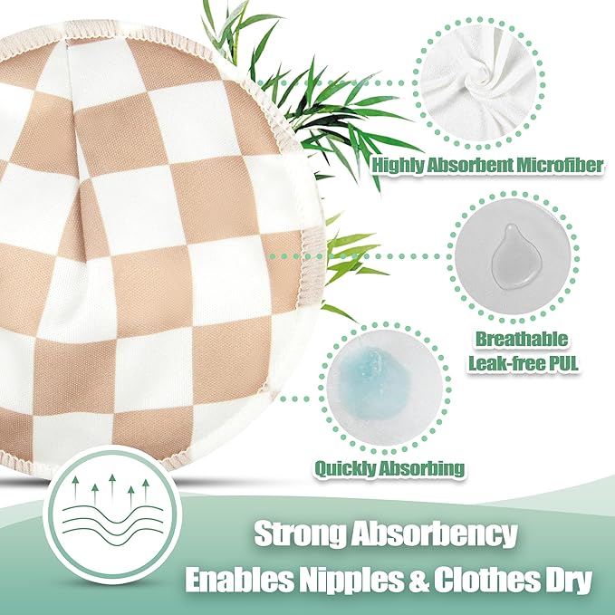 wegreeco Nursing Breast Pads (14 Pack) + Laundry Bag & Travel Storage Bag, 4.7 inch - Washable & Reusable Breastfeeding Nursing Pads (Light Coffee, Black Checkerboard, Large, Contoured Shape)