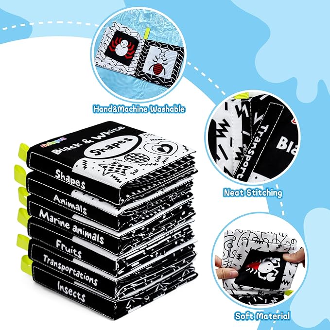 Dr.Rapeti Soft Cloth Books Baby Books Bath Books 6-Pack for Baby Infant Toddler Kids High Contrast Black and White Crinkle Washable Chewable Non-Toxic Early Educational Giftable
