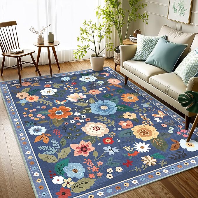 Floral 3x5 Area Rug Machine Washable Soft Print Boho Carpet Non Slip Doormat Low Pile Flower Area Rugs for Living Room Bedroom Nursery Kitchen Dining Room Indoor-Blue/Grey