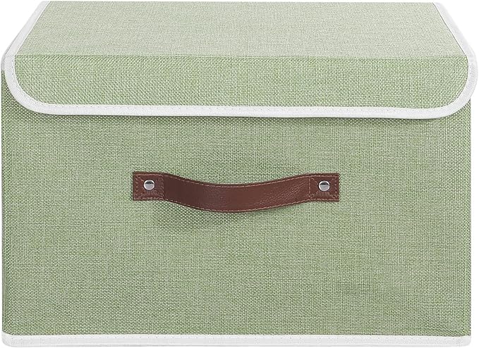 ANMINY Storage Bin with Lid Storage Boxes with PU Leather Handles PP Plastic Board Decorative Foldable Lidded Cotton Linen Fabric Home Cubes Baskets Closet Organizer Container - Green, Large Size