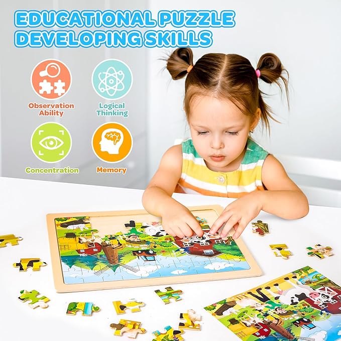 LACCHOUFEE 6 Pack Wooden Vehicle Puzzles for Kids Age 3 4 5 Year Old, 60 Pcs Montessori Toddler Animals Jigsaw Puzzles for Girl boy Activities Preschool Learning Birthday Gift Travel Autistic Toy