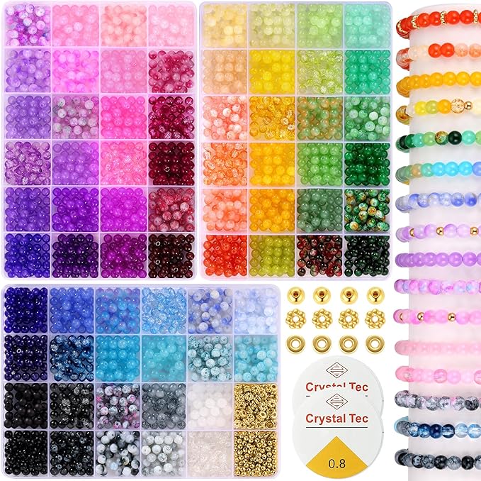 6mm Glass Beads for Bracelets, 2700pcs 70 Colors Crackle Glass Beads for Jewelry Making, Funtopia Round Crystal Beads for DIY Necklace Crafts with Spacer Beads, Solid and Floral Colors