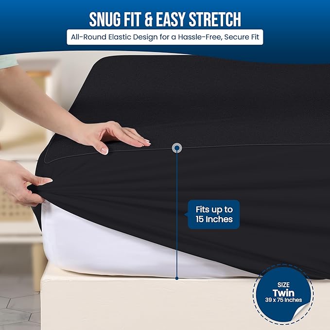 Utopia Bedding Waterproof Mattress Protector Twin Size, Premium Terry Mattress Cover 200 GSM, Breathable, Fitted Style with Stretchable Pockets (Black)
