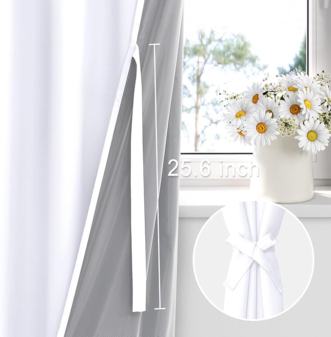 XWZO 100% Blackout Curtains with Tiebacks- Double Layers Completely Shaded Window Panels Thermal Insulated Lined Drapes for Bedroom/Living Room, Rod Pocket, White, W52 x L54, Set of 2 Panels