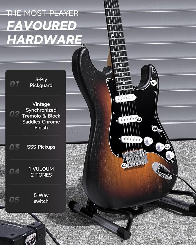 DONNER DST-80 Electric Guitar 39” Beginner Electric Guitar Kit with Amp, Classic SSS Pickup Complete with Gig Bag, Tuner, Capo, Strap, Picks, and Free Online Lessons, Red Tea Burst