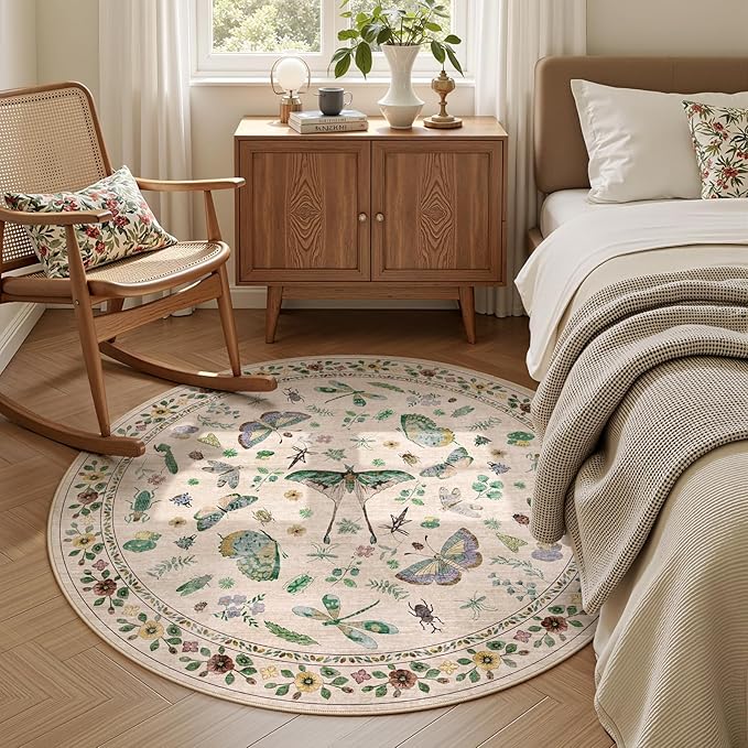 6ft Washable Round Rug - Bug Rugs for Living Room Non-Slip Low Pile Soft Ultra-Thin Machine Washable Circle Carpet for Bedroom, Entryway, Nursery, Kitchen, Home Office (6' Round Beige)