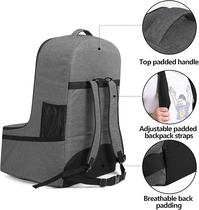 LUXJA Car Seat Travel Bag, Airplane Bag with Padded Backpack Straps and Adjustable Waist Straps for Travel (Fits Most Major Car Seat), Gray